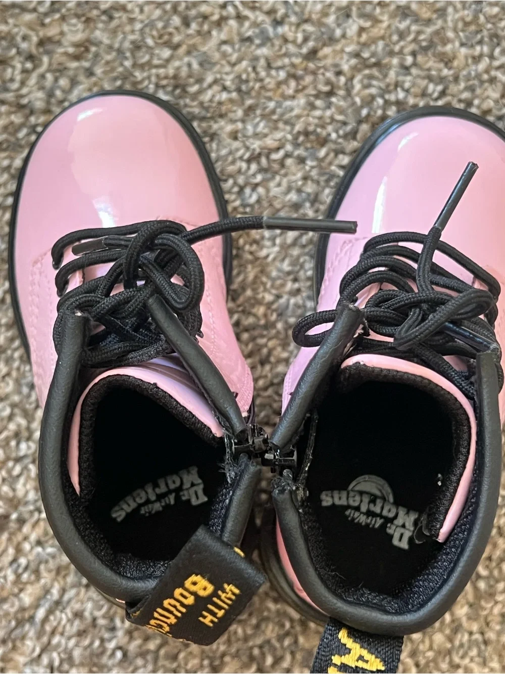 Dr. Martens Pink Patent Kids Lace-Up Boots with Black Trim